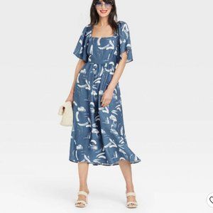 NWT: Women's Flutter Short Sleeve Tie-Back Dress in Blue Swirl
